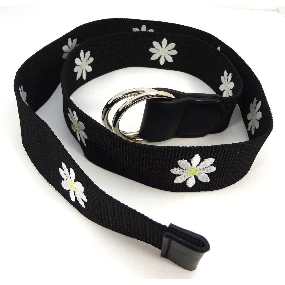 Womens Black Fabric Belt White Daisy Flower Embroidery Silver Double Ring Buckle